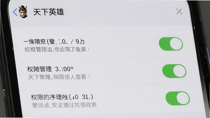 主体为手机设置界面,显示《天下英雄》的权限管理页面,布局清晰,排版整齐,风格为系统原生UI,细节展示权限开关状态,画质清晰,干净无多余元素