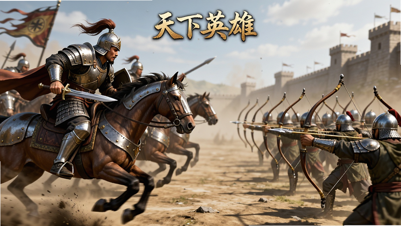 主体为《天下英雄》游戏内战斗场景,左侧为骑兵冲锋,右侧为敌方弓兵防御,布局呈现对峙态势,排版紧凑,风格为史诗级战争画风,细节展现盔甲反光与尘土飞扬,画质极致清晰,干净无多余元素