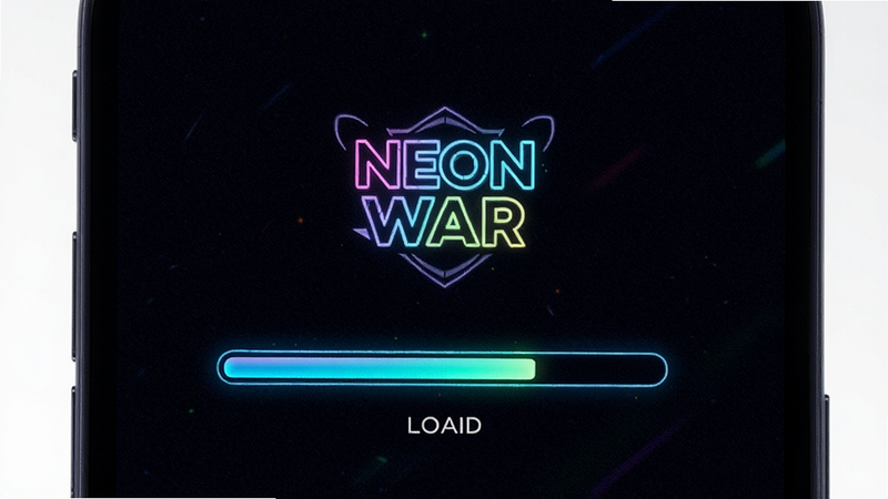 ������һ���ֻ���Ļ��ʾ Neon War ��Ϸ���ؽ������д������Ϊ���й�ͼ���Ű������������ Logo�����Ϊ����Ƽ��磬ϸ�ڰ������������޺緢��Ч����������ɫ����������Լ���Ļ��Ե��Բ�󻡶ȣ����ʸ��壬�ɾ����޶���Ԫ��
