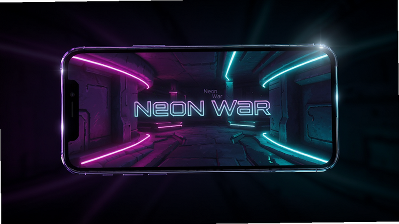 ����Ϊһ����������ɫ�����е������ֻ�����Ļ��ʾ Neon War ��Ϸ���棬��������Ϻ�ɫ����ɫ���޺���ߣ�����Ϊ���й�ͼ���Ű��࣬���Ϊ������˼������壬ϸ�ڰ�����Ļ��Ե�ĸ߹ⷴ��ͱ����Ĺ���Ч�������ʸ��壬�ɾ����޶���Ԫ�أ�����
