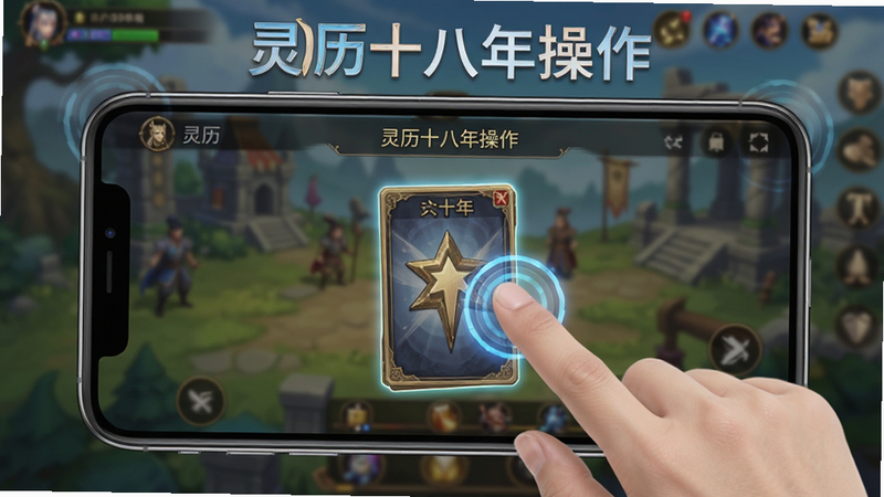 主体为《灵历十八年》手机操作界面,布局展示手指点击卡牌的动作,背景为模糊的游戏场景,排版直观,风格为教程演示图,细节包括手指触控反馈特效,画质清晰,干净,无多余元素,文字标注“灵历十八年操作”