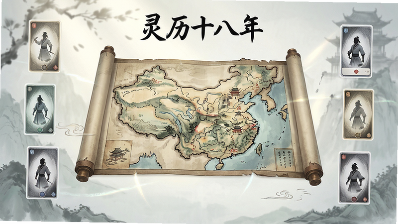 主体为《灵历十八年》游戏主界面,布局采用中心对称式,中央展示精致的中式卷轴地图,周围环绕着半透明的卡牌UI元素,排版清晰,风格为清新淡雅的新中式水墨风,细节处可见细腻的笔触与光影效果,画质高清,干净,无多余元素,文字标注“灵历十八年”