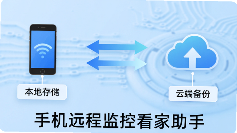 展示数据云存储与本地手机存储的对比示意图,左侧是手机图标连接着“本地存储”标签,右侧是云朵图标连接着“云端备份”标签,中间有双向箭头表示数据同步,背景为浅蓝色科技风,文字“手机远程监控看家助手”位于底部,简洁明了