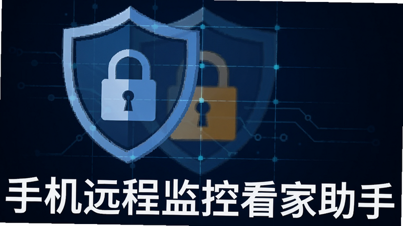 盾牌图标与锁头元素组合,代表数据加密与安全保护,背景为深蓝色科技感网格,中央有“手机远程监控看家助手”白色文字,象征安全可信,高清矢量风格