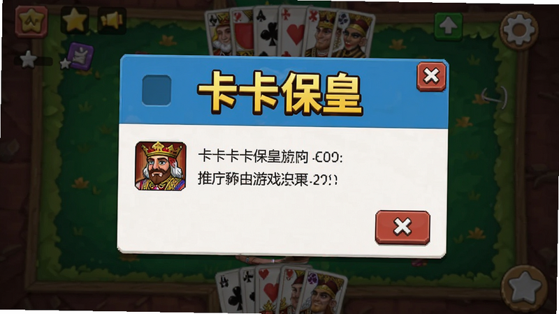 主体为卡卡保皇游戏内广告弹窗界面,布局为中央对话框,排版醒目,风格为游戏内通知,细节包含关闭按钮与推广内容,画质清晰,干净无多余元素