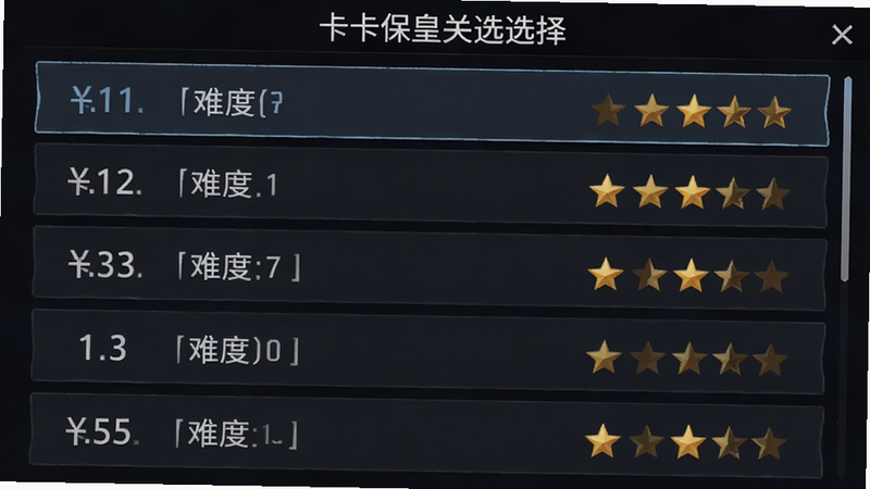主体为卡卡保皇关卡选择界面,布局为列表式,排版整齐,风格为现代游戏菜单,细节包含关卡编号与难度星级,画质清晰,干净无多余元素