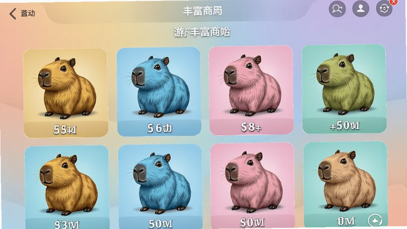 游戏商城界面展示,多个不同造型的水豚皮肤排列整齐,包括金色、蓝色、粉色等,背景为柔和渐变,突出商品丰富度,电商展示风格