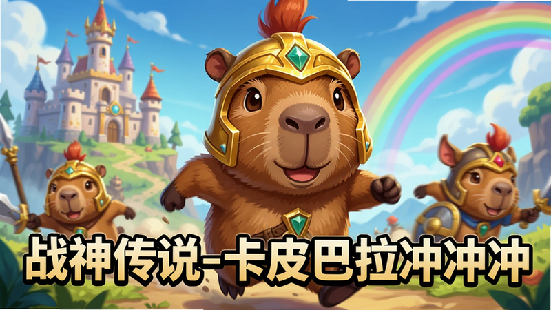 一张高清游戏主视觉图,主体是一只戴着金色头盔的可爱水豚(卡皮巴拉),背景是奇幻风格的战神大陆,远处有城堡和彩虹,前景是充满活力的奔跑场景,文字“战神传说-卡皮巴拉冲冲冲”醒目居中,色彩鲜艳明亮,卡通渲染风格,高清晰度,无多余元素