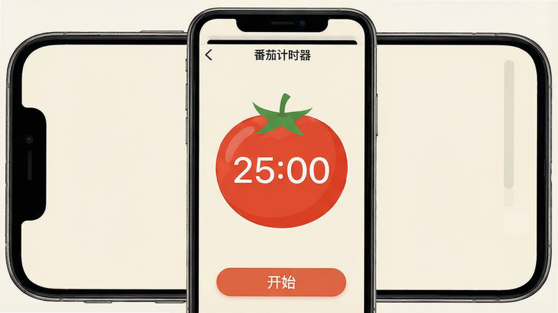 �ֻ���Ļ������ʾ�����Ѽ�ʱ����APP���棬����Ϊ��͵��װ�ɫ��������һ����ɫ��Բ�η���ͼ�����ڲ���ʾ����ʱ���֡�25:00�����ײ��п�ʼ��ť������ƽ�������壬�ɾ����޶���Ԫ�أ�UI��Ƹ�ǿ