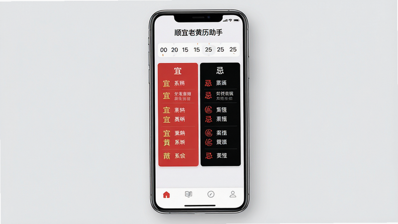 一张展示“顺宜老黄历助手”App界面的高清手机屏幕渲染图,背景为干净的浅灰色,手机屏幕居中显示,界面顶部是日期选择器,中部清晰列出“宜”与“忌”的红黑对比列表,底部是简洁的导航栏,整体风格扁平化、极简主义,字体清晰无衬线,光影柔和,画质4k,细节丰富,无多余水印或元素