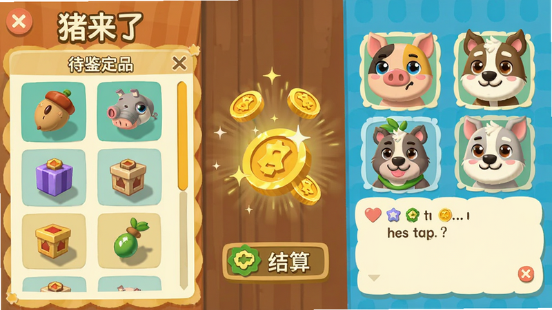 主体为《猪来了》游戏内的交易界面,布局左侧为待鉴定物品栏,右侧为动物顾客头像与对话框,中间展示金币结算动画,风格为扁平化卡通设计,色彩明亮温馨,细节处可见金币闪烁特效,画质清晰,干净无多余元素,无文字