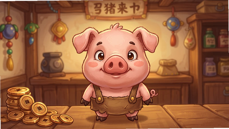 主体为游戏《猪来了》的高清UI界面预览图,布局中心展示一只Q版卡通小猪角色,背景为温馨的当铺内部场景,包含木柜台、铜钱堆和挂饰,排版整洁有序,风格为2D卡通手绘风,细节丰富展现毛发质感与光影效果,画质4k高清,干净无多余元素,无文字