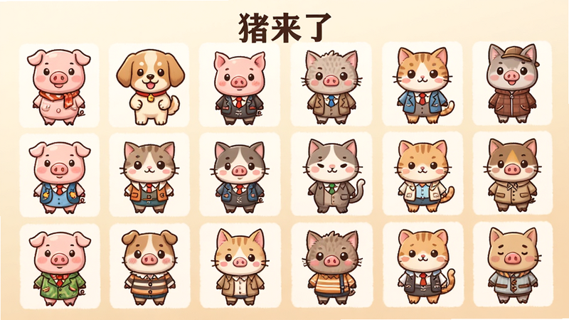 主体为《猪来了》角色图鉴展示页,布局呈网格状排列多个穿着不同服饰的Q版动物角色,包括小猪、小狗、小猫等,背景为柔和的米色渐变,排版整齐对称,风格为可爱日系插画风,细节展现角色表情生动自然,画质高清,干净无多余元素,无文字