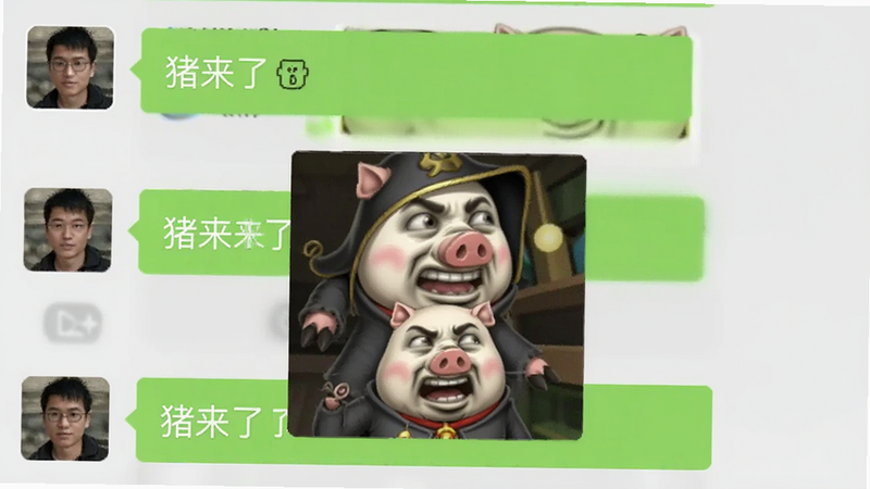 主体为手机聊天界面截图,布局中显示三个用户头像与发送的图片气泡,气泡内容为《猪来了》游戏角色表情包,背景为微信聊天界面的模糊虚化效果,风格为现代UI设计,细节清晰展示表情包动态感,画质高清,干净无多余元素,无文字