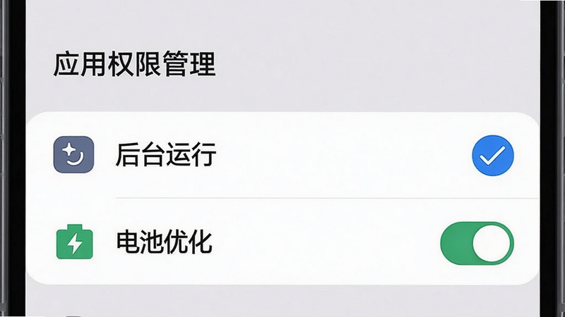 主体为手机设置界面的模拟图,布局聚焦在“应用权限管理”选项卡,高亮显示“后台运行”与“电池优化”开关,背景为浅灰色简约风格,排版清晰层级分明,细节展示勾选状态与图标标识,画质清晰,干净无多余元素,无文字