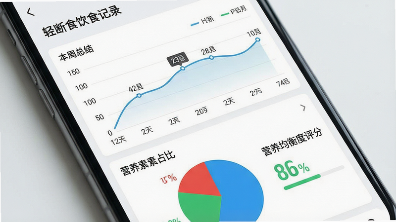 '轻断食饮食记录'的数据分析页面截图。主体为手机屏幕,布局分为上下两部分,上部为近七天的热量摄入折线图,趋势平滑;下部为营养素占比饼图,分为红绿蓝三色。排版整齐,数据标签清晰可见。风格为现代商务图表风,细节包含'本周总结'标题和'营养均衡度评分',画质细腻,色彩搭配和谐,无多余装饰。