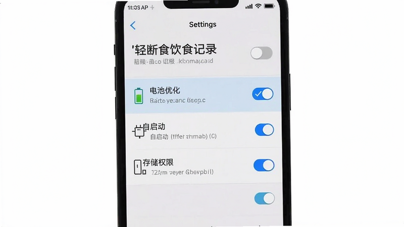 手机设置界面截图,展示'轻断食饮食记录'的权限管理页面。主体为手机屏幕,布局为列表式,高亮显示'电池优化'、'自启动'、'存储权限'等选项。排版简洁清晰,勾选框清晰可见。风格为系统原生UI风格,细节包含开关按钮和权限图标,画质清晰,无多余弹窗,干净背景。