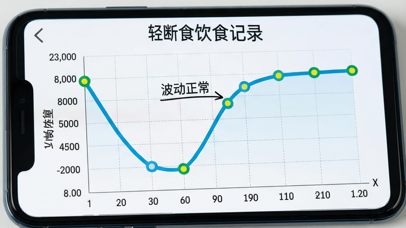 '轻断食饮食记录'的体重趋势曲线图。主体为手机屏幕,布局为折线图,X轴为日期,Y轴为体重。曲线呈现先降后升再平稳的走势,标注出'波动正常'字样。排版清晰,数据点醒目。风格为医疗数据风,细节包含网格线和坐标轴标签,画质高清,干净无杂乱元素。