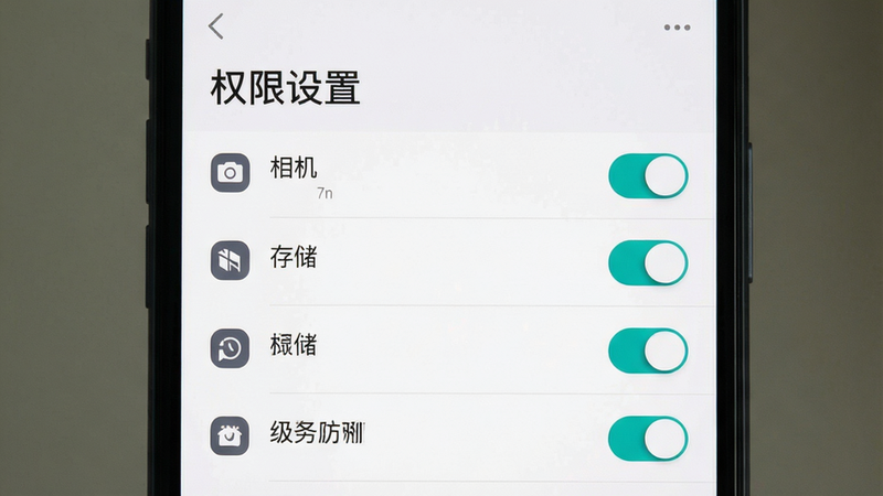 主体为手机设置界面截图,展示权限管理页面,布局清晰,排版列表式,风格扁平化,细节展示相机、存储权限开关,画质清晰,干净,无多余元素,文字