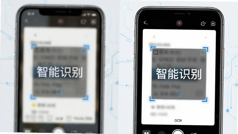 主体为手机APP界面特写,展示文档扫描前后对比效果,左侧为模糊原图,右侧为清晰扫描件,布局左右对称,排版工整,风格科技感,细节展示OCR识别框选,画质超清,干净,无多余元素,文字