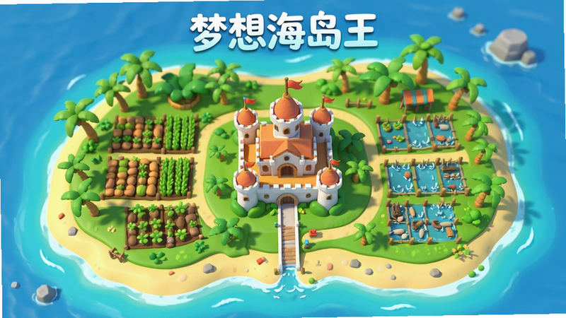 主体为一座郁郁葱葱的热带岛屿,布局中心是主城堡,四周分布着农田和养殖区,排版为俯视全景视角,风格为清新卡通3D渲染,细节包含椰树、沙滩和海浪,画质高清,干净,无多余元素,文字