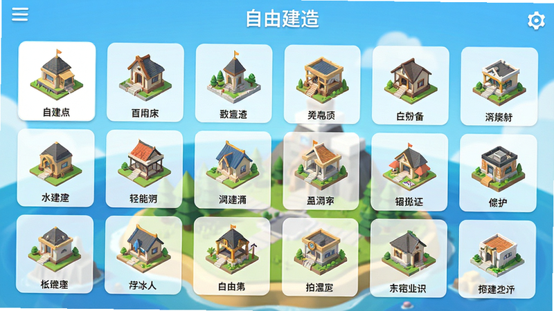 主体为岛屿建造界面,布局展示多种建筑模型悬浮在空中,排版为网格状选择菜单,风格为明亮UI设计,细节显示建筑图标和名称,画质清晰,干净,无多余元素,文字