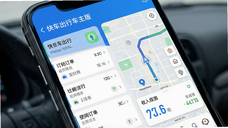 ����Ϊ�쳵���г�����APP���ֻ���Ļ���棬��������չʾ��ҳ�����б����ͼ����ģ�飬�Ű���ñ�ƽ����Ʒ��ɫ���ԿƼ������ɫΪ����ϸ�ڰ���ʵʱ·��ͼ��������ͳ�ƿ�Ƭ�����ʸ��壬�ɾ����޶���Ԫ�أ����֡��쳵���г����桱�����ɼ�