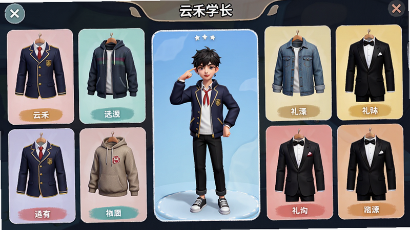 �ƺ�ѧ���Ľ�ɫװ��ѡ����棬����״չʾ����У��������װ�������ÿ���·�����������ϸ��չʾ��������һ����ɫԤ�����ڣ���ɫ���ڳ������·�������ɫ�ʷḻ���������룬���ʱ�У��߻���