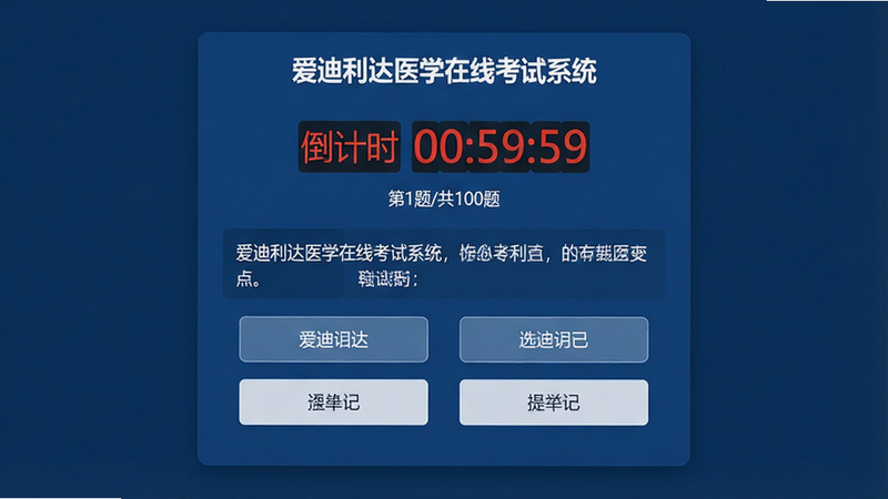 ����Ϊ����������ҽѧ���߿���ϵͳ��ģ�⿼�Խ��棬����Ϊ���Ĵ�Ƭ��ƣ��Ű�Գƣ����Ϊ����רҵ������ɫ������ϸ����ʾ����ʱ���֡���Ŀ���������ĸ�ѡ�ť�����ʸ߱��棬�ɾ����޶���Ԫ�أ��������ݰ�������������ҽѧ���߿���ϵͳ����������ʱ 00:59:59��������1��/��100�⡱