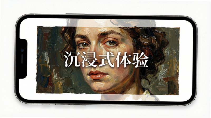 主体为手机屏幕特写,显示一幅高清油画作品占据全屏,布局无边框设计,排版留白充足,风格高雅艺术,细节展示笔触纹理,画质极清,干净无杂物,文字内容包含
