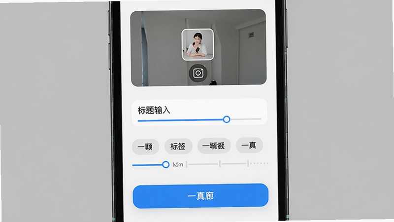 主体为手机屏幕显示发布界面,布局简洁,包含图片选择区域、标题输入框和标签选择区,排版垂直居中,风格现代扁平,细节显示进度条和按钮高亮,画质清晰,干净无多余装饰,文字内容包含