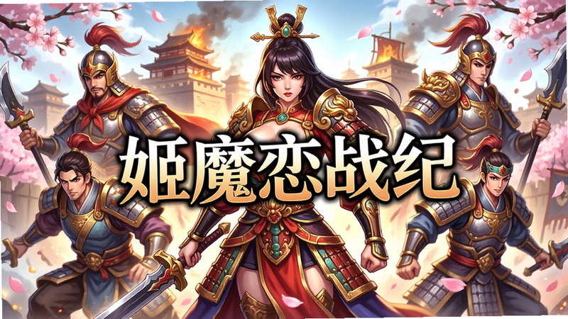绘制一张高质量的游戏主视觉海报,主体是身穿华丽古风战甲的女性角色站在战场中央,背景是燃烧的古代城池与飘落的樱花,周围环绕着其他几位不同风格的武将角色,构图采用中心对称式,色彩明亮鲜艳,日系二次元动漫风格,细节丰富,4k高清,干净背景,无多余文字,画面中心有“姬魔恋战纪”五个大字