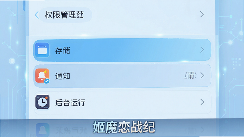 绘制一张手机安全设置界面插画,显示权限管理列表,高亮显示“存储”、“通知”、“后台运行”等选项,背景为淡蓝色科技风,图标清晰,风格扁平化,无多余装饰,高清画质,画面底部有“姬魔恋战纪”字样