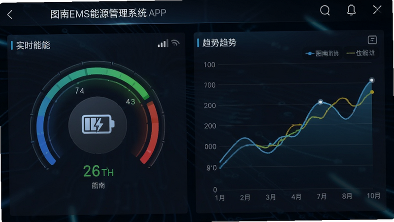 主体为图南EMS能源管理系统安卓APP界面截图,布局采用深色科技风背景,左侧显示实时能耗仪表盘,右侧为趋势折线图,排版整洁有序,风格现代简约,细节包含电池图标与信号标识,画质高清干净,无多余元素,文字包含