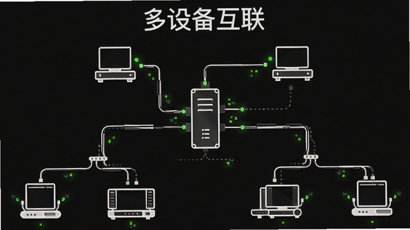 主体为多设备连接拓扑示意图,布局为树状结构,中心为主控服务器,周围连接多个终端设备,风格极简线条画,细节显示连接状态指示灯,画质干净,无多余元素,文字包含