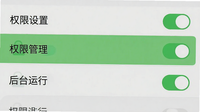 主体为手机设置界面截图,布局为列表形式,高亮显示“权限管理”与“后台运行”选项,风格扁平化,细节包含开关状态图标,画质清晰,无多余元素,文字包含