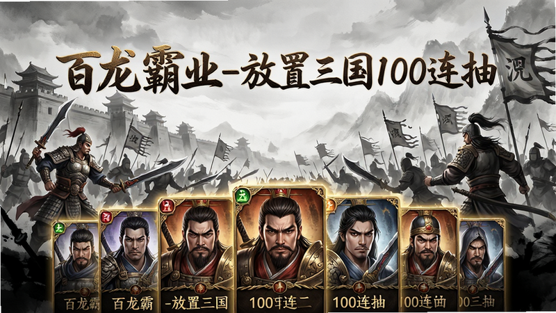 游戏主视觉图,主体为“百龙霸业-放置三国100连抽”标题,背景是水墨风三国战场,前景展示武将卡牌排列,布局居中,排版大气,风格为国风写实,细节丰富,画质高清,干净无多余元素,alt属性:百龙霸业-放置三国100连抽预览图