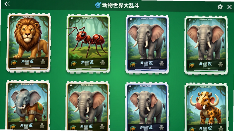 游戏内图鉴界面预览,展示“动物世界大乱斗”中的多种动物卡片,包括狮子、蚂蚁、大象等,卡片悬浮在绿色背景上,布局网格状,排版整齐,风格为现代UI设计,细节精致,画质高清,干净无多余元素