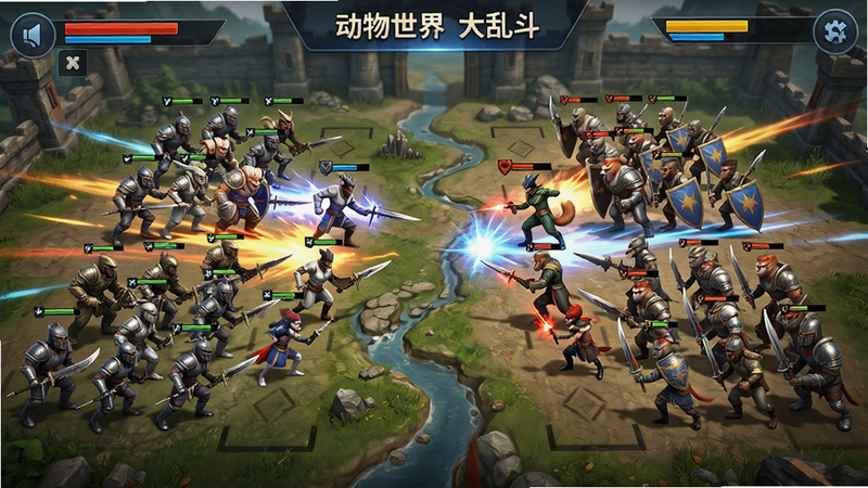 游戏对战界面截图,显示“动物世界大乱斗”的战斗画面,左右两侧军队对峙,中间为战场地图,UI简洁清晰,布局平衡,风格为动感特效与写实场景结合,细节丰富,画质极佳,干净无多余元素