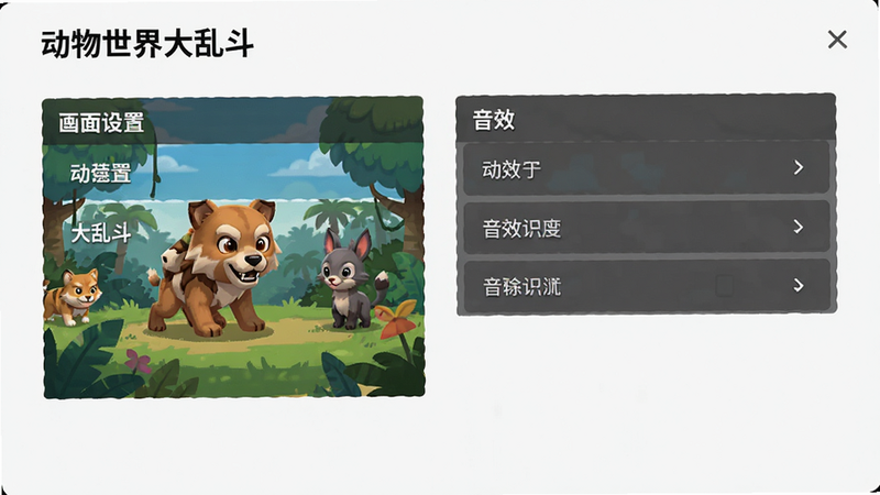 游戏设置界面示意图,展示“动物世界大乱斗”的画面设置、音效设置选项,布局简洁,排版清晰,风格为扁平化UI,细节清晰,画质高清,干净无多余元素