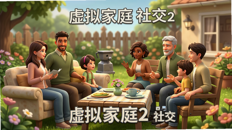 主体为“虚拟家庭2”角色互动场景,布局展示家庭成员在花园中聚会,排版为全景视角,风格为温馨生活化,细节展示角色表情与动作,画质细腻,干净,文字内容包含“虚拟家庭2 社交”
