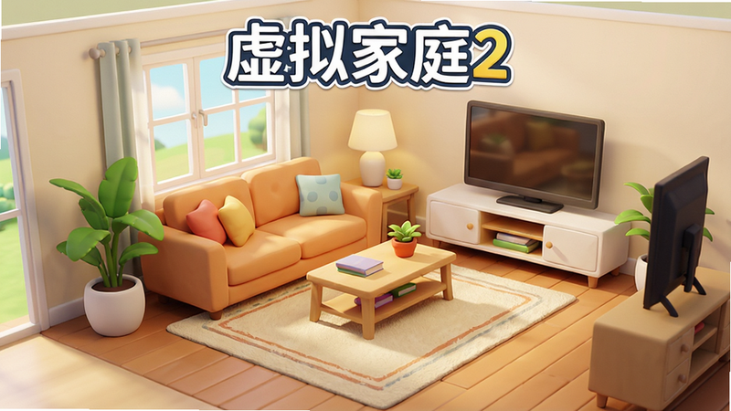 主体为“虚拟家庭2”游戏主界面,布局采用中心聚焦式,展示一个明亮温馨的现代客厅场景,排版整洁,风格为清新卡通3D渲染,细节包含沙发、地毯、绿植等家居元素,画质高清,干净无多余元素,文字内容包含“虚拟家庭2”字样