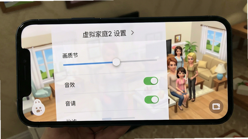 主体为“虚拟家庭2”手机运行界面,布局展示游戏设置菜单,排版为列表式,风格为简洁UI设计,细节包含画质调节滑块、音效开关等,画质清晰,干净,文字内容包含“虚拟家庭2 设置”