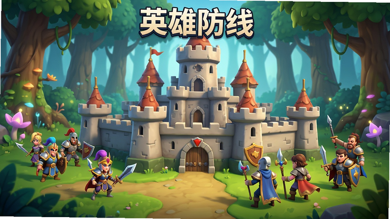 主体为《英雄防线》游戏主界面,布局居中,展示一座宏伟的城堡防线,周围环绕着多种英雄角色,背景为奇幻森林,风格为3D卡通渲染,细节丰富,画质高清,干净,无多余元素,文字“英雄防线”置于顶部中央