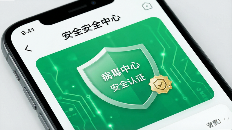 主体为手机安全中心界面,布局展示病毒查杀完成图标,背景为绿色盾牌,风格为简约科技风,细节体现安全认证标志,画质高清,干净,无多余元素,文字“安全认证”置于中心