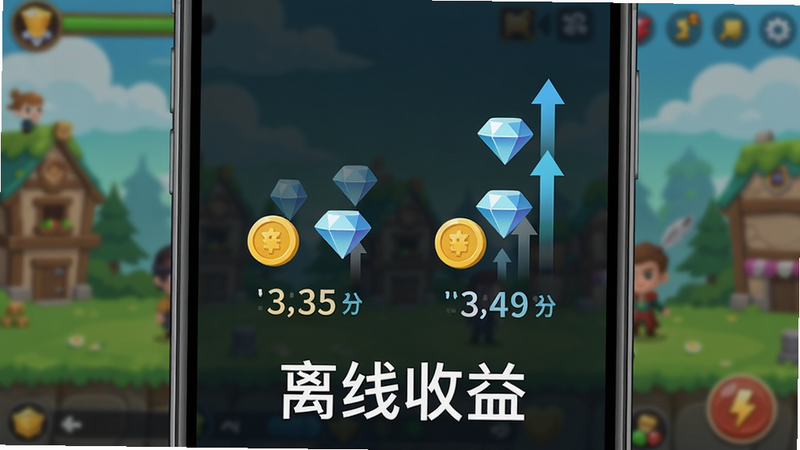 主体为手机屏幕显示游戏后台运行状态,布局简洁,显示金币和钻石图标不断跳动,背景为模糊的游戏主界面,风格为扁平化UI,细节体现数字增长动画,画质高清,干净,无多余元素,文字“离线收益”置于底部