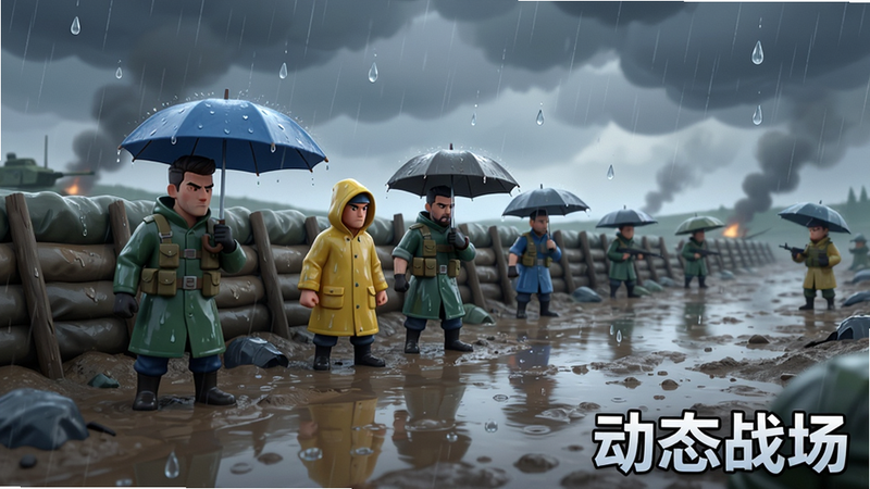 主体为雨天战场场景,布局展示泥泞道路上的防线,英雄们撑着伞或穿着雨具,背景为阴沉天空,风格为写实与卡通结合,细节体现雨水反光,画质高清,干净,无多余元素,文字“动态战场”置于角落