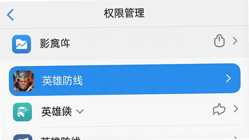 主体为手机设置界面截图,布局展示应用管理列表,高亮显示“英雄防线”选项,风格为系统原生UI,细节清晰,画质高清,干净,无多余元素,文字“权限管理”置于顶部