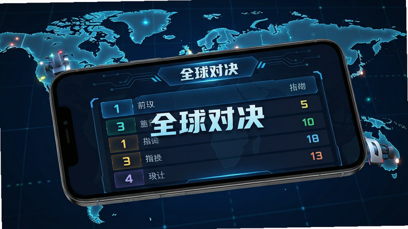 主体是手机屏幕显示的比赛排行榜界面,背景为虚拟赛车世界地图,布局清晰,风格为科技感UI设计,细节显示排名数字,画质清晰,干净,文字
