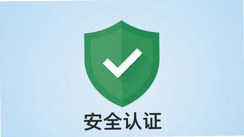 主体是一个绿色的安全盾牌图标,中间有一个对勾,背景为浅蓝色渐变,布局居中,风格为扁平化设计,细节简洁,画质清晰,干净,文字